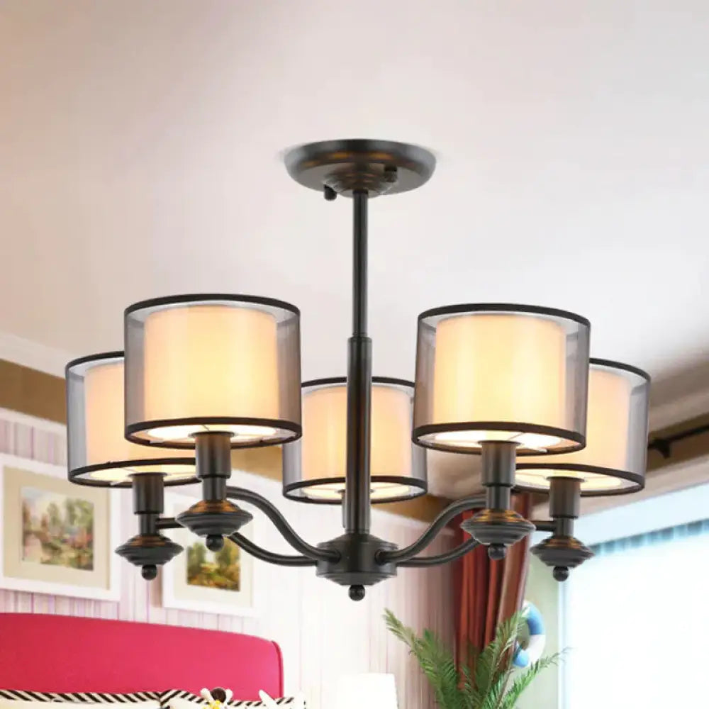 5/6 Bulbs Pendant Chandelier Traditional Double Drum Fabric Hanging Ceiling Light In Black For