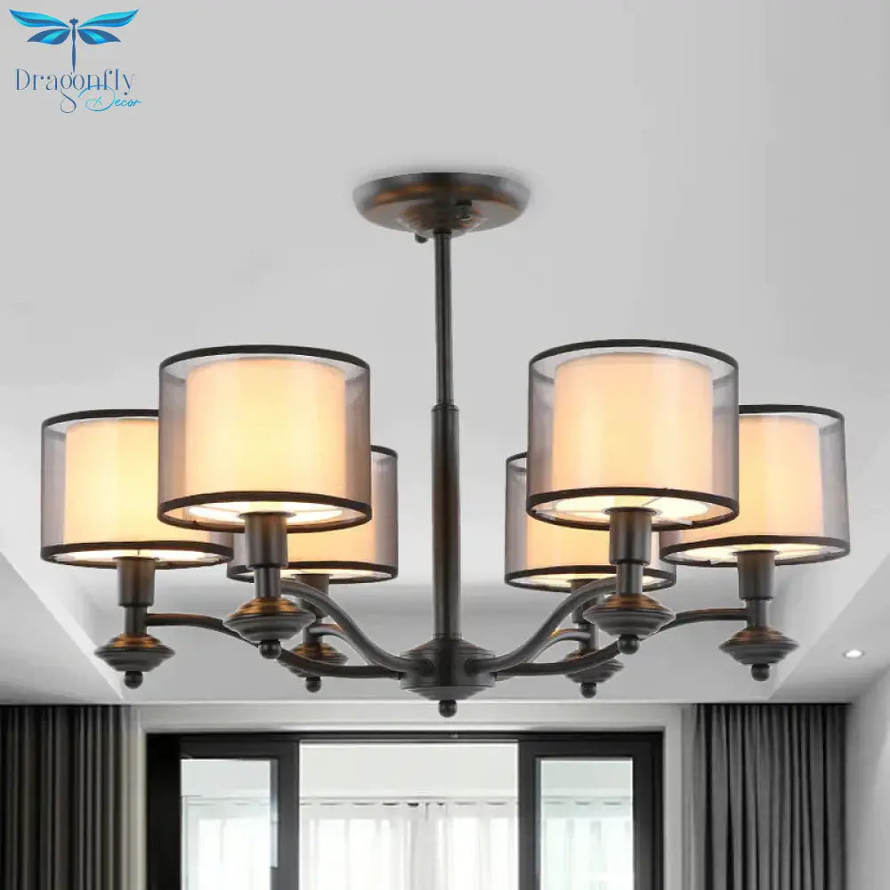 5/6 Bulbs Pendant Chandelier Traditional Double Drum Fabric Hanging Ceiling Light In Black For
