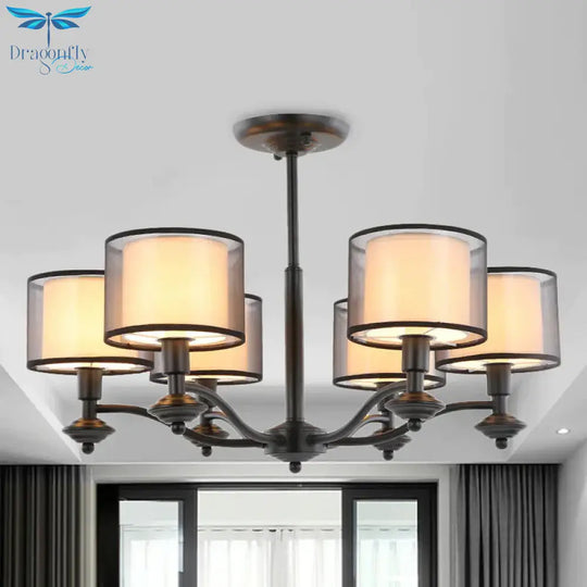 5/6 Bulbs Pendant Chandelier Traditional Double Drum Fabric Hanging Ceiling Light In Black For