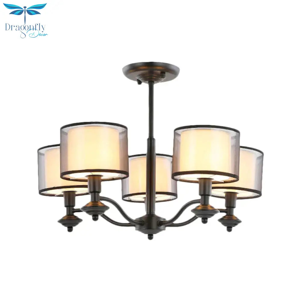 5/6 Bulbs Pendant Chandelier Traditional Double Drum Fabric Hanging Ceiling Light In Black For