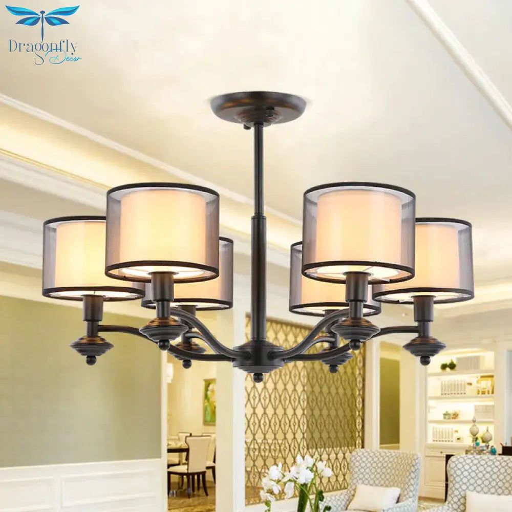 5/6 Bulbs Pendant Chandelier Traditional Double Drum Fabric Hanging Ceiling Light In Black For