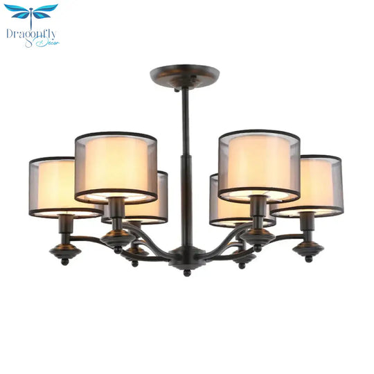 5/6 Bulbs Pendant Chandelier Traditional Double Drum Fabric Hanging Ceiling Light In Black For