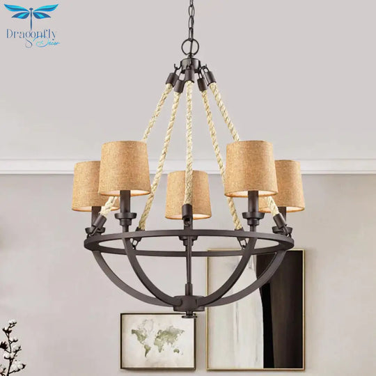 5/6 Lights Ceiling Light Traditional Tapered Fabric Hanging Chandelier In Beige For Dining Room