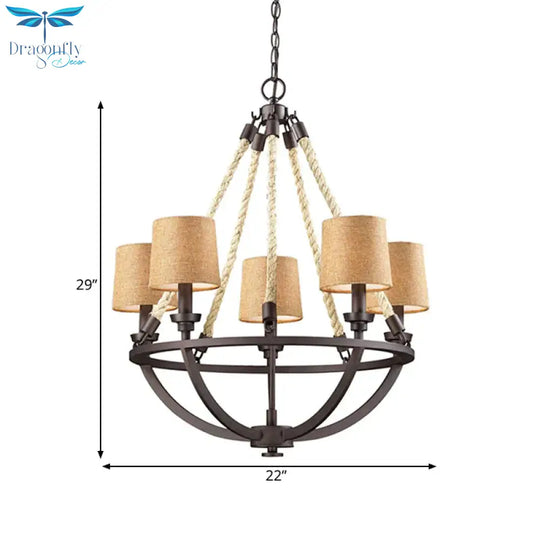 5/6 Lights Ceiling Light Traditional Tapered Fabric Hanging Chandelier In Beige For Dining Room