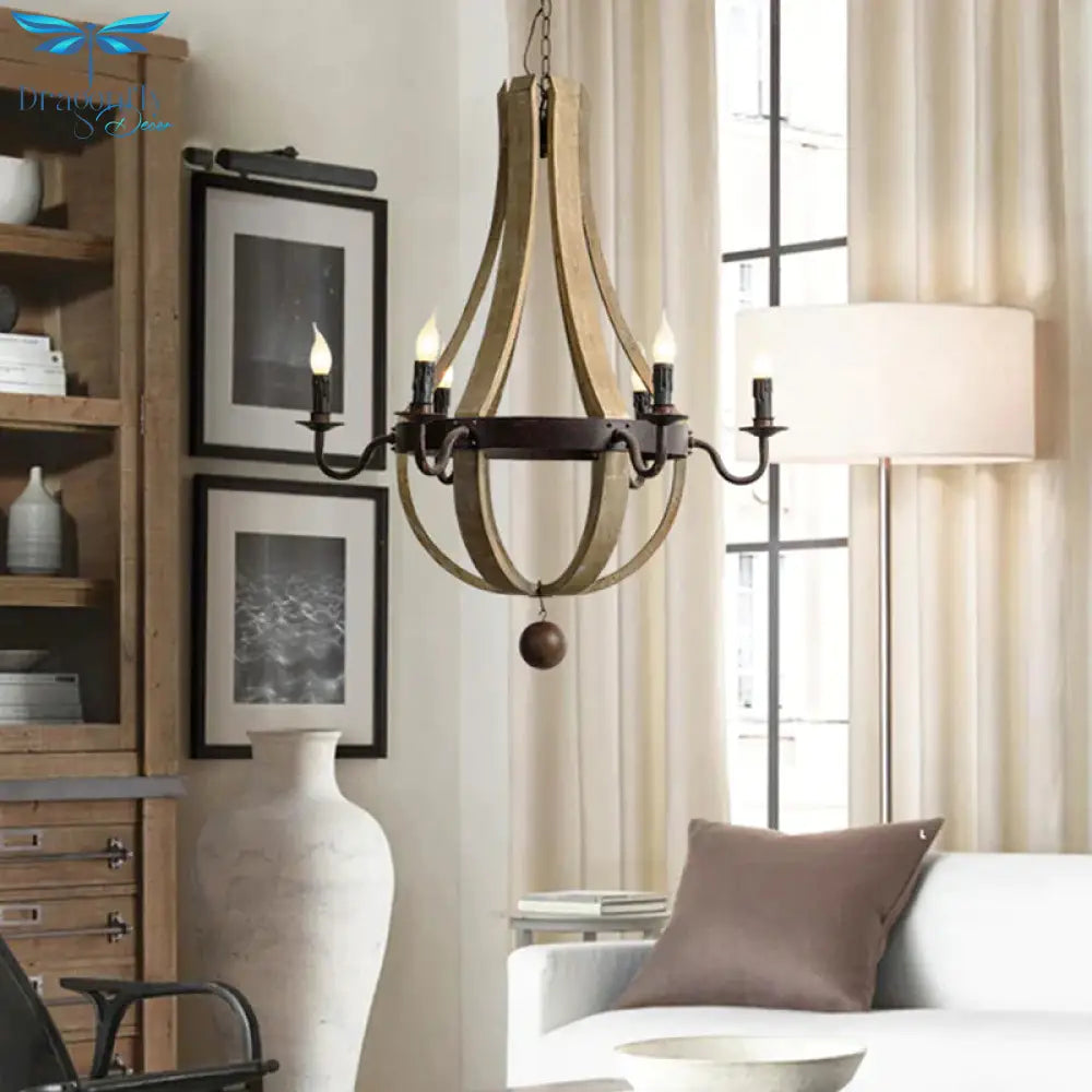 5/6 Lights Chandelier Lighting Fixture Rustic Wine Barrel Wood Hanging Light In Brown For Bedroom