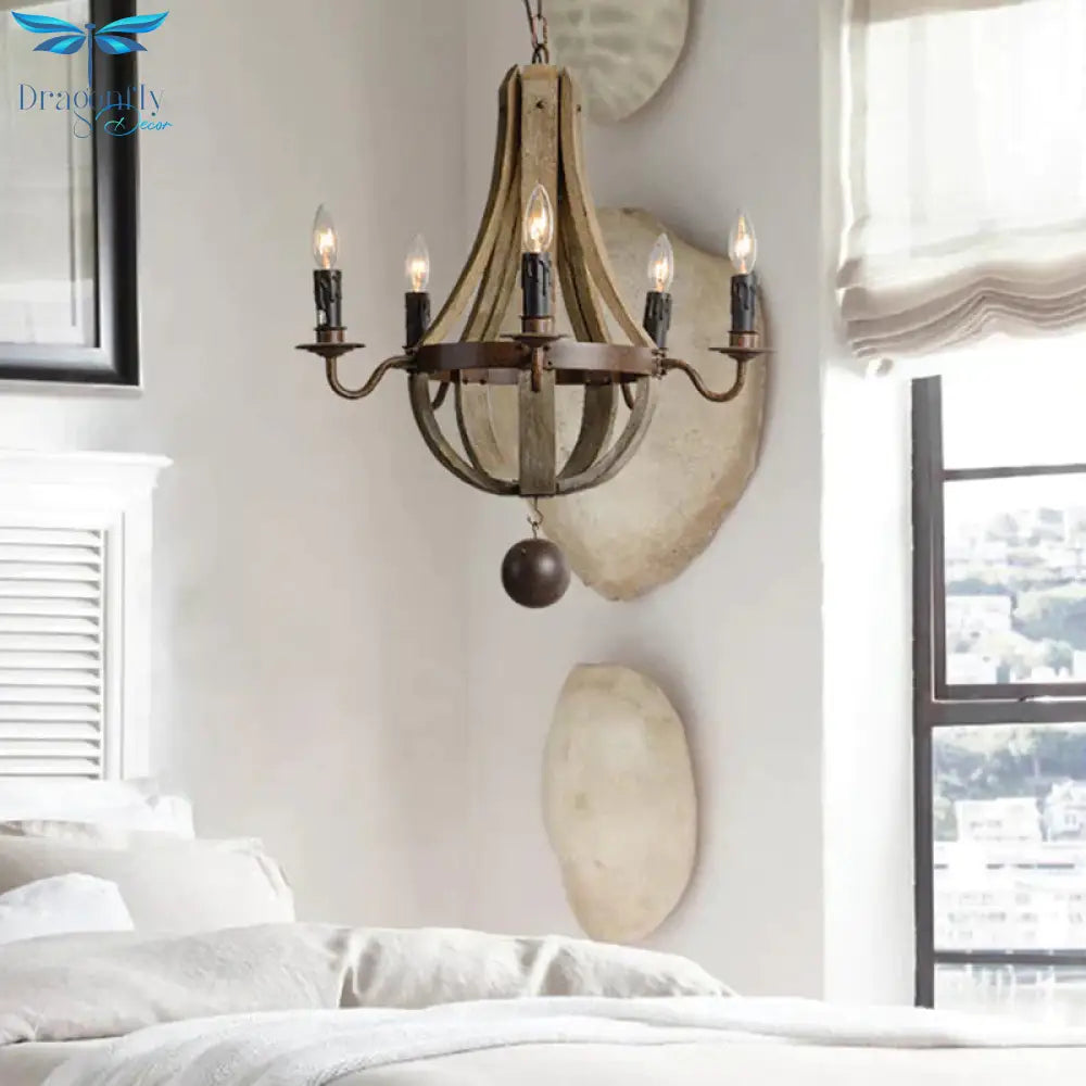 5/6 Lights Chandelier Lighting Fixture Rustic Wine Barrel Wood Hanging Light In Brown For Bedroom