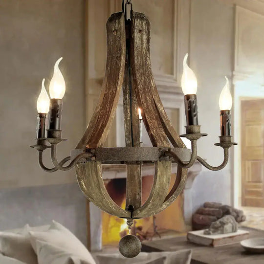 5/6 Lights Chandelier Lighting Fixture Rustic Wine Barrel Wood Hanging Light In Brown For Bedroom 5