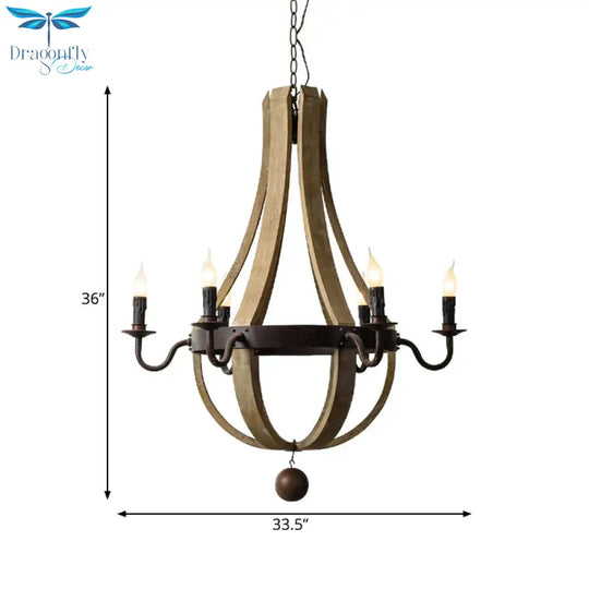 5/6 Lights Chandelier Lighting Fixture Rustic Wine Barrel Wood Hanging Light In Brown For Bedroom
