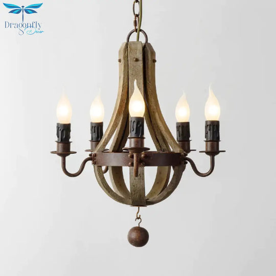 5/6 Lights Chandelier Lighting Fixture Rustic Wine Barrel Wood Hanging Light In Brown For Bedroom