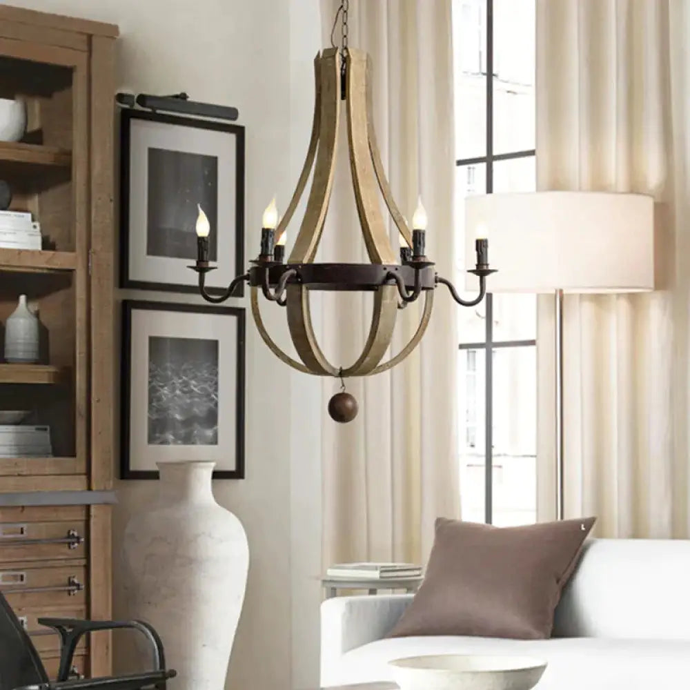 5/6 Lights Chandelier Lighting Fixture Rustic Wine Barrel Wood Hanging Light In Brown For Bedroom 6