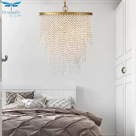 5/6 Lights Waterfall Chandelier Light Rural Brass Crystal Suspension Pendant For Bedroom