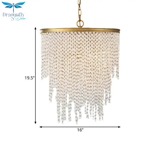 5/6 Lights Waterfall Chandelier Light Rural Brass Crystal Suspension Pendant For Bedroom
