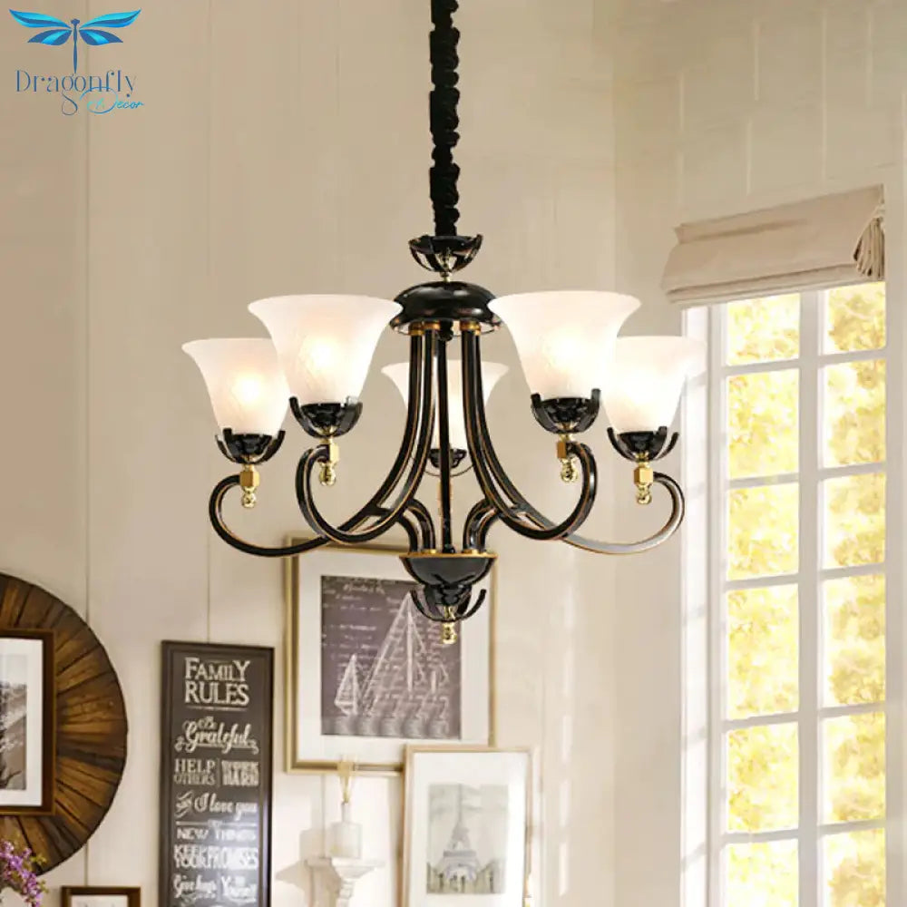 5/8 - Bulb Flared Ceiling Chandelier Retro Black Cream Glass Pendant Lighting Fixture For Restaurant