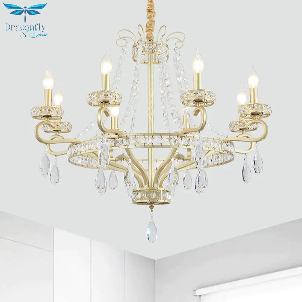 5/8 Bulbs Candle Chandelier Lamp Rustic Gold Crystal Prism Pendant Light Fixture For Living Room