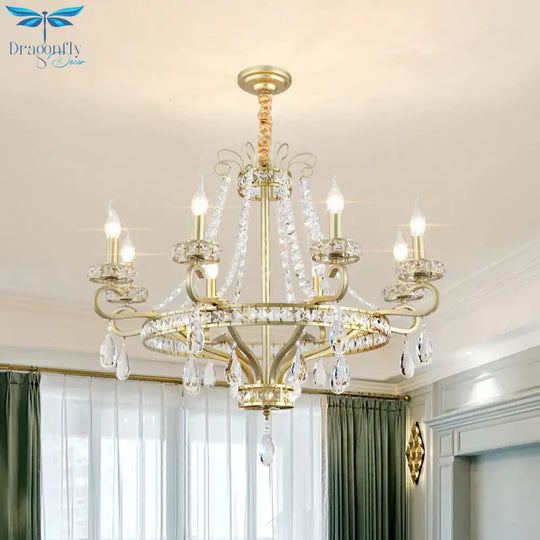 5/8 Bulbs Candle Chandelier Lamp Rustic Gold Crystal Prism Pendant Light Fixture For Living Room
