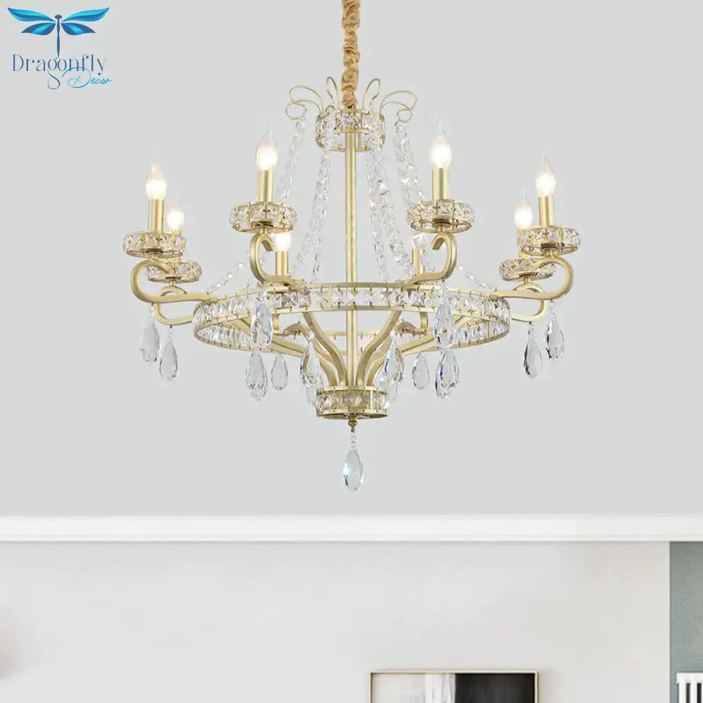 5/8 Bulbs Candle Chandelier Lamp Rustic Gold Crystal Prism Pendant Light Fixture For Living Room