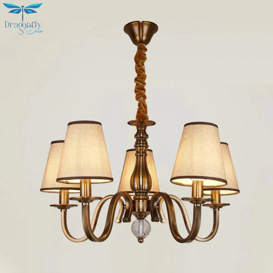 5/8 Heads Chandelier Lighting Fixture With Conical Shade Fabric Vintage Living Room Hanging Pendant