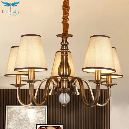 5/8 Heads Chandelier Lighting Fixture With Conical Shade Fabric Vintage Living Room Hanging Pendant