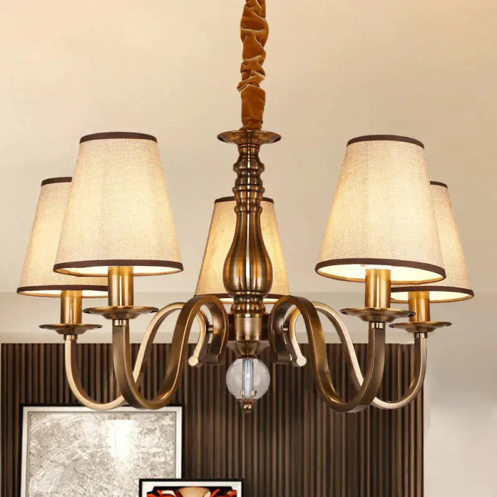5/8 Heads Chandelier Lighting Fixture With Conical Shade Fabric Vintage Living Room Hanging Pendant