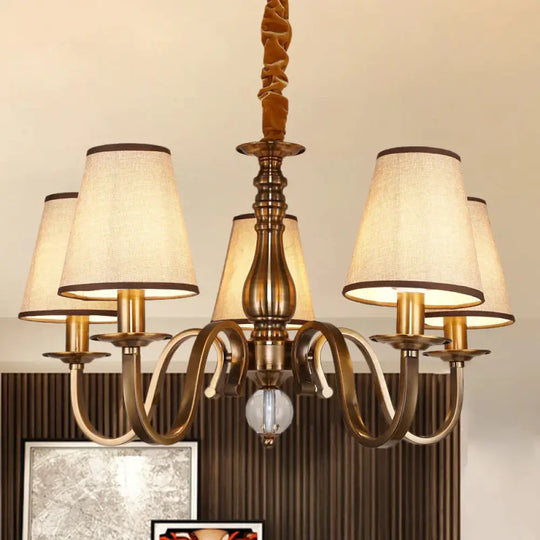 5/8 Heads Chandelier Lighting Fixture With Conical Shade Fabric Vintage Living Room Hanging Pendant