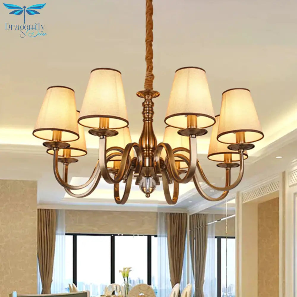 5/8 Heads Chandelier Lighting Fixture With Conical Shade Fabric Vintage Living Room Hanging Pendant