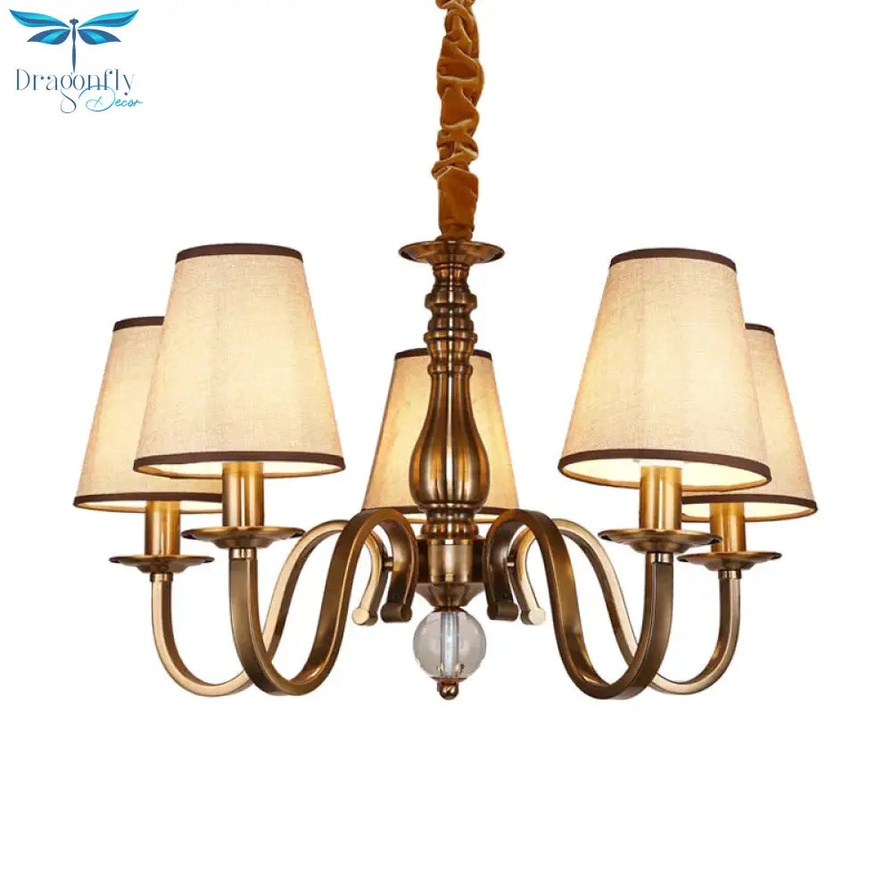5/8 Heads Chandelier Lighting Fixture With Conical Shade Fabric Vintage Living Room Hanging Pendant