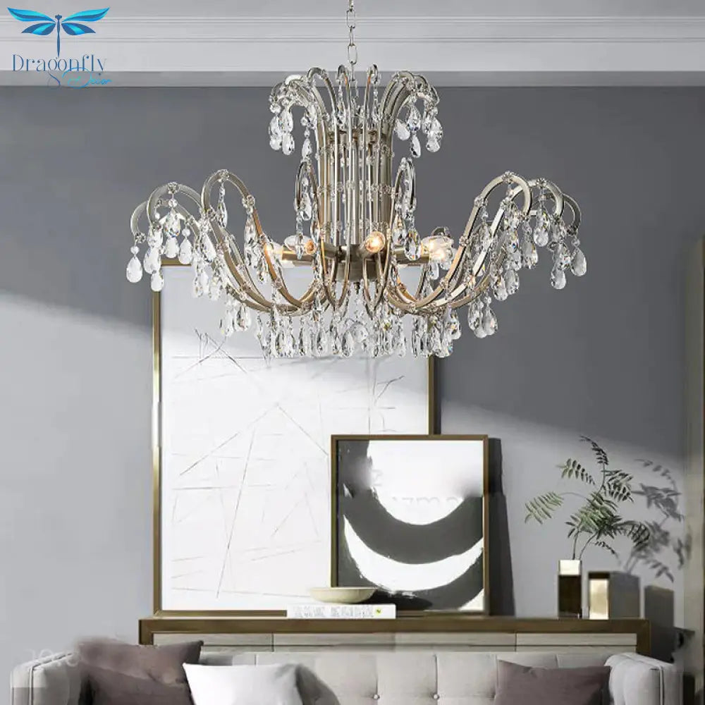 5/8 Lights Chandelier Minimalism Swooping Arm Crystal Pendant Light Kit In Aged Silver