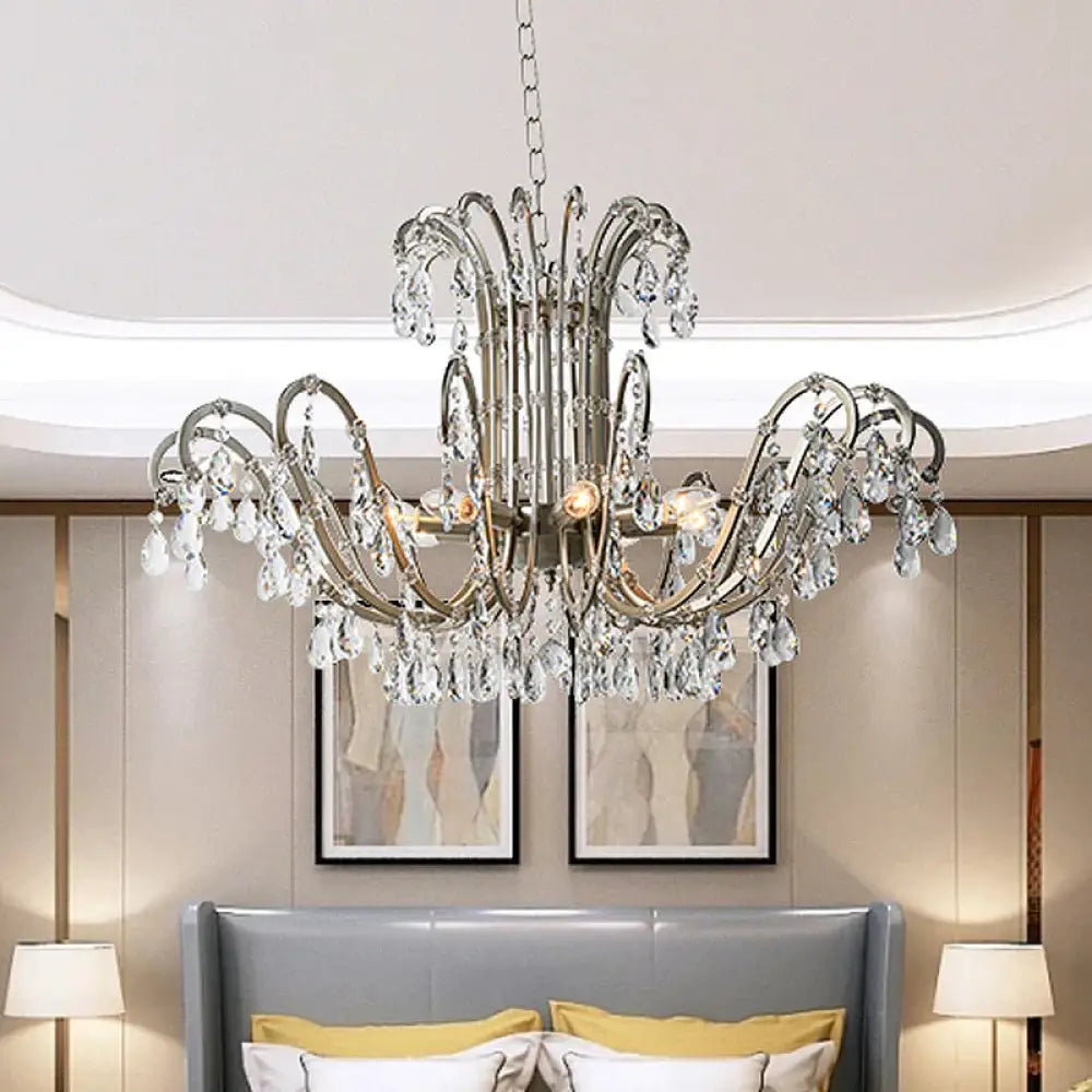 5/8 Lights Chandelier Minimalism Swooping Arm Crystal Pendant Light Kit In Aged Silver 8 /