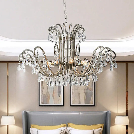 5/8 Lights Chandelier Minimalism Swooping Arm Crystal Pendant Light Kit In Aged Silver 8 /