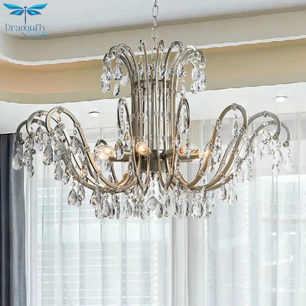 5/8 Lights Chandelier Minimalism Swooping Arm Crystal Pendant Light Kit In Aged Silver