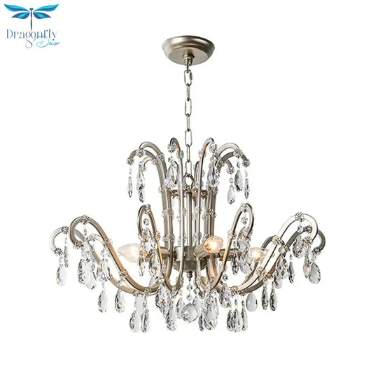 5/8 Lights Chandelier Minimalism Swooping Arm Crystal Pendant Light Kit In Aged Silver