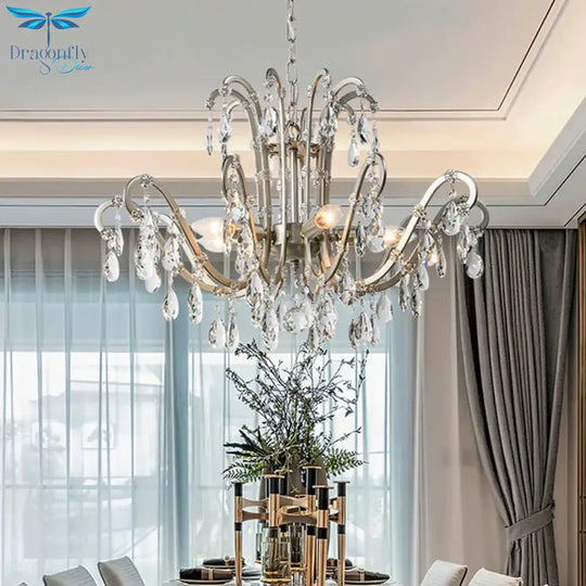 5/8 Lights Chandelier Minimalism Swooping Arm Crystal Pendant Light Kit In Aged Silver