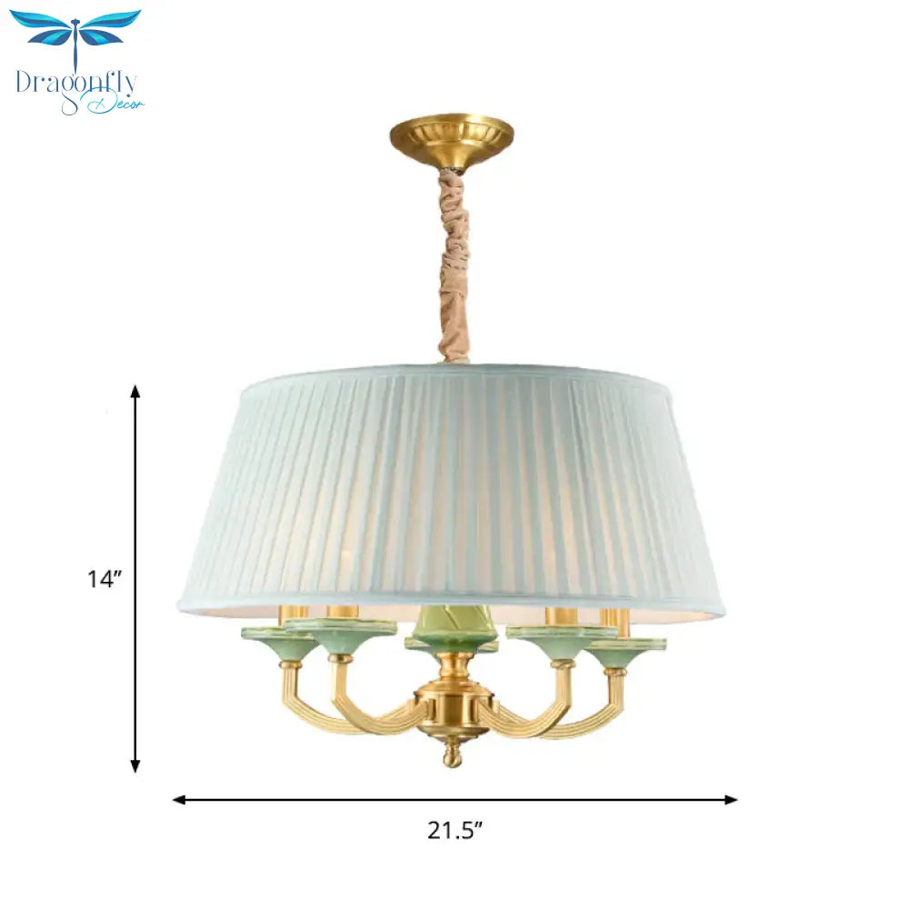 5 - Bulb Chandelier Light Fixture Retro Style Pleated Shade Fabric Drop Pendant In Brass
