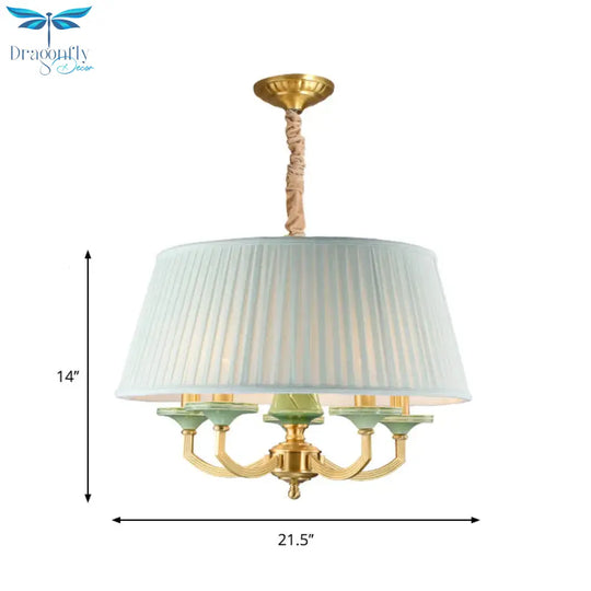 5 - Bulb Chandelier Light Fixture Retro Style Pleated Shade Fabric Drop Pendant In Brass