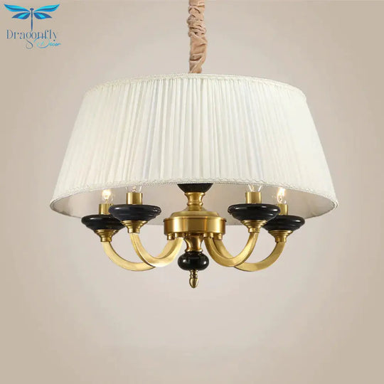 5 - Bulb Drum Chandelier Countryside White Finish Fabric Pendant Lamp With Curved Arm