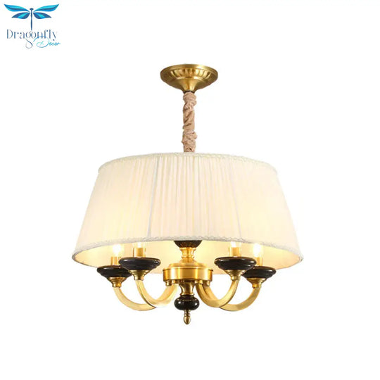 5 - Bulb Drum Chandelier Countryside White Finish Fabric Pendant Lamp With Curved Arm