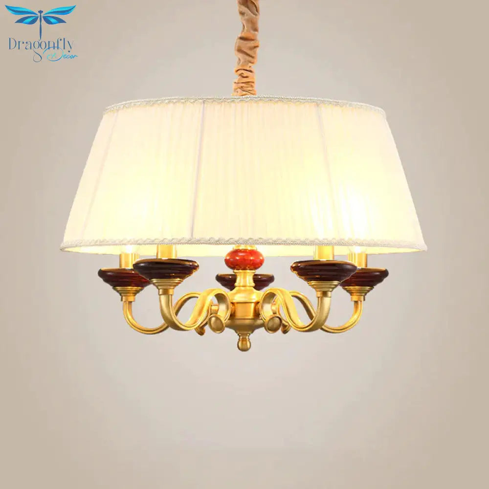 5 - Bulb Drum Chandelier Countryside White Finish Fabric Pendant Lamp With Curved Arm