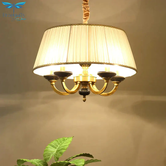 5 - Bulb Drum Chandelier Countryside White Finish Fabric Pendant Lamp With Curved Arm