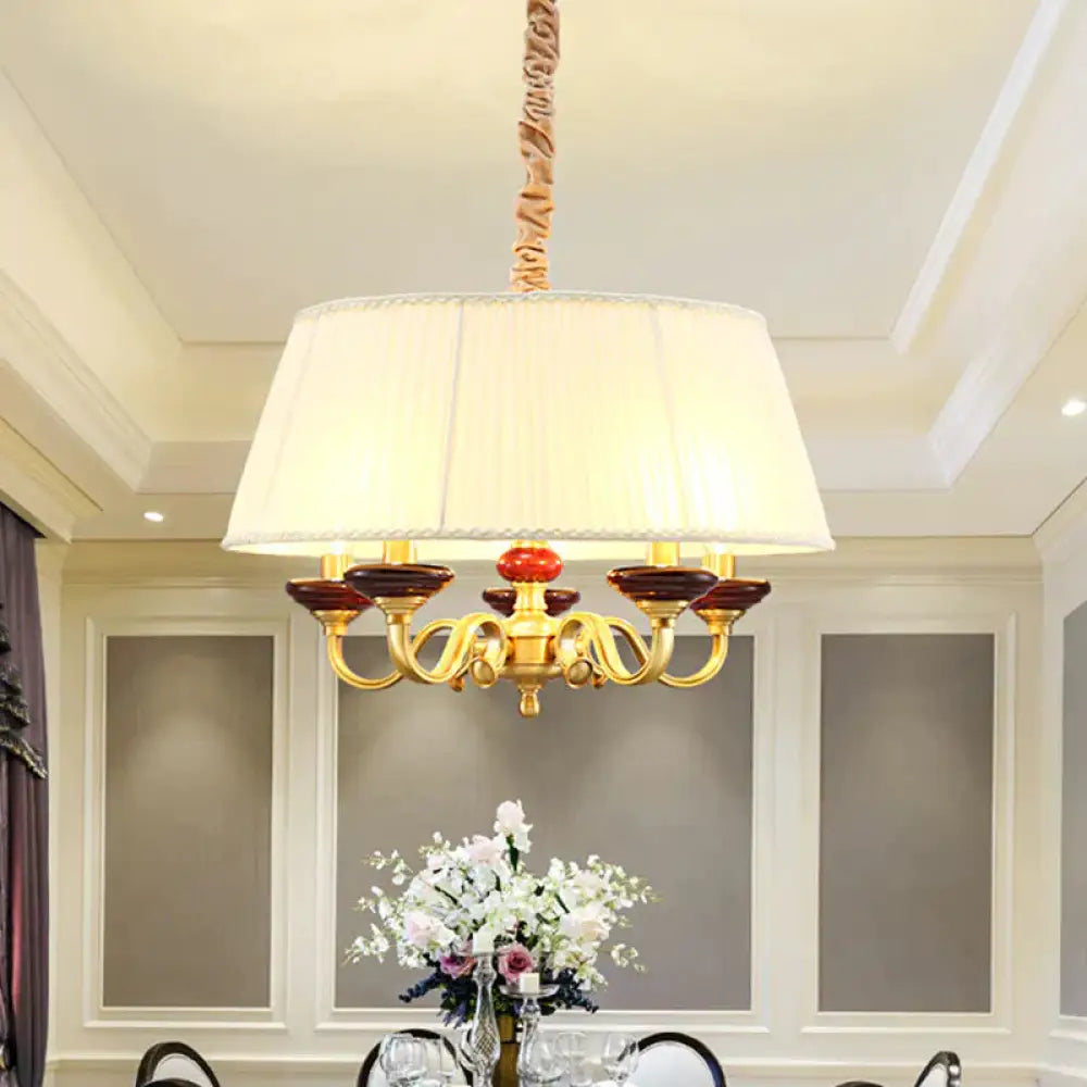 5 - Bulb Drum Chandelier Countryside White Finish Fabric Pendant Lamp With Curved Arm / A