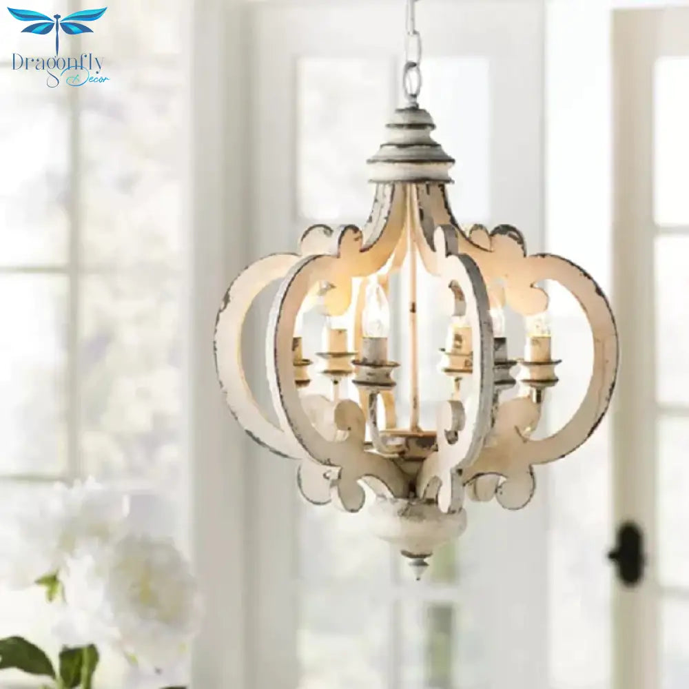 5 Bulbs Circle Ceiling Chandelier Traditional Wood Suspended Lighting Fixture In White