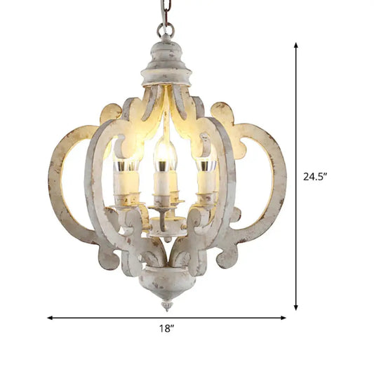 5 Bulbs Circle Ceiling Chandelier Traditional Wood Suspended Lighting Fixture In White