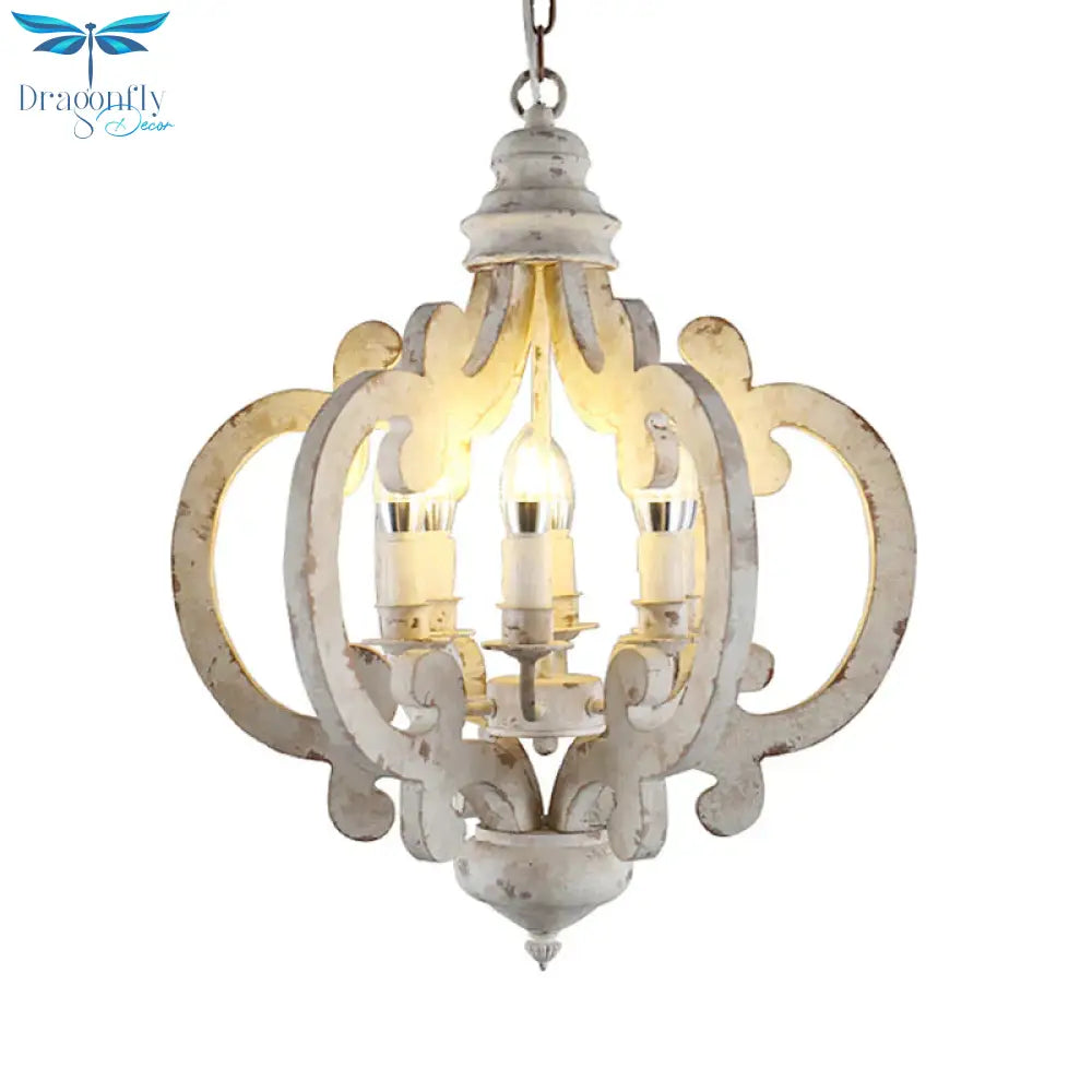 5 Bulbs Circle Ceiling Chandelier Traditional Wood Suspended Lighting Fixture In White