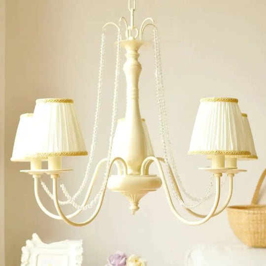5 Bulbs Crystal Chandelier Pleated Shade Brown/White Living Room Pendant Lighting Fixture White