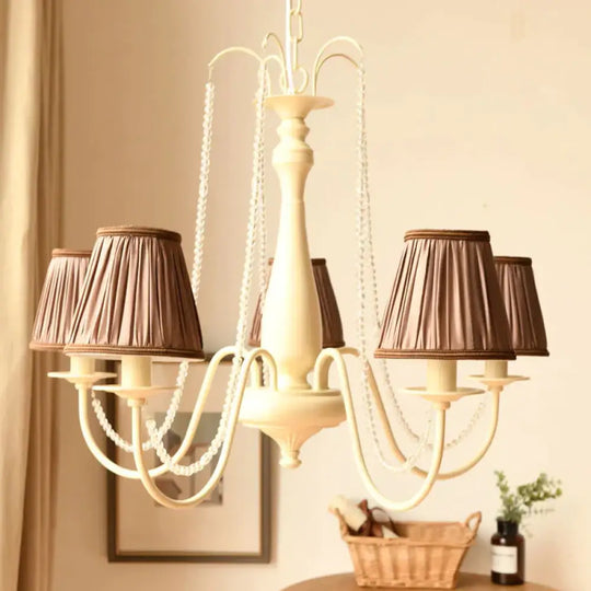 5 Bulbs Crystal Chandelier Pleated Shade Brown/White Living Room Pendant Lighting Fixture Brown