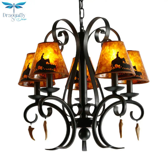 5 Bulbs Dining Room Ceiling Lamp Country Metal Black Chandelier Pendant Light With Cone Fabric Shade