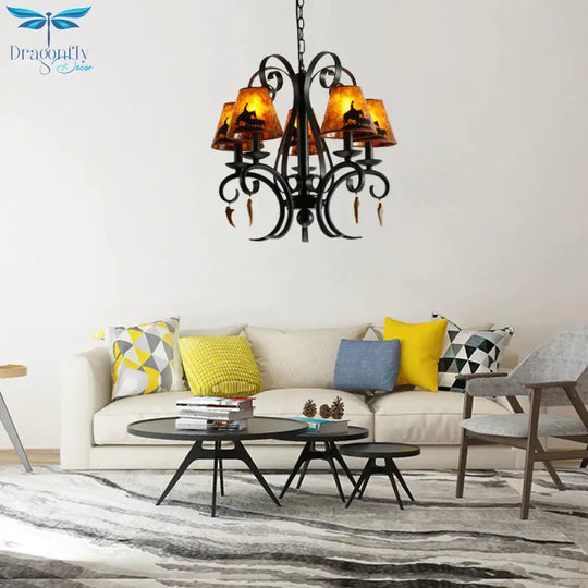 5 Bulbs Dining Room Ceiling Lamp Country Metal Black Chandelier Pendant Light With Cone Fabric Shade