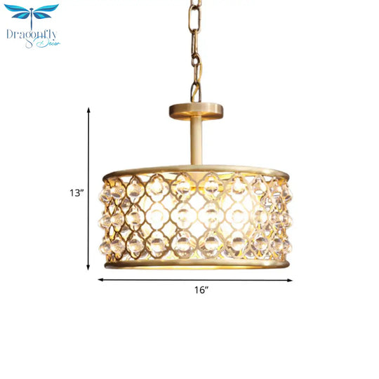 5 Bulbs Drum Chandelier Light Traditional Brass Metal Pendant Lighting Fixture With Clear Crystal