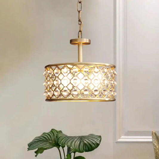 5 Bulbs Drum Chandelier Light Traditional Brass Metal Pendant Lighting Fixture With Clear Crystal