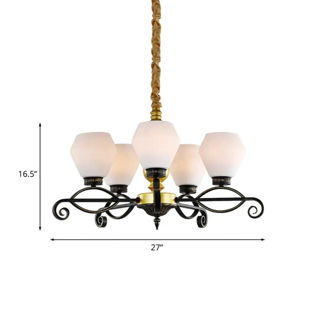 5 - Head Opal Glass Chandelier Light Antique Black Hexagon Living Room Hanging Lamp