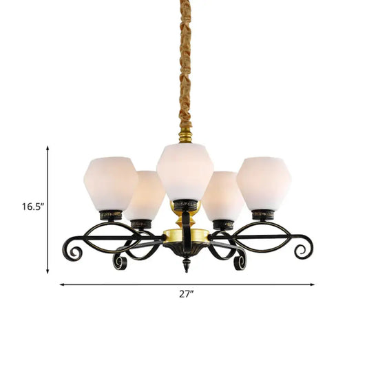 5 - Head Opal Glass Chandelier Light Antique Black Hexagon Living Room Hanging Lamp